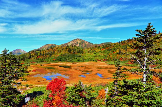 Koya Pond (Niigata): Fall at Mount Hiuchi brings out spectacular colors on Koya Pond. The shallow and marshy water covered with vegetation changes colors -- into red, orange, yellow and green -- like the forest around it. On the edge of the pond, Kouyaike Hutte provides beds and kitchen facilities if you need a rest on you hike up the 2,462-meter-tall mountain.